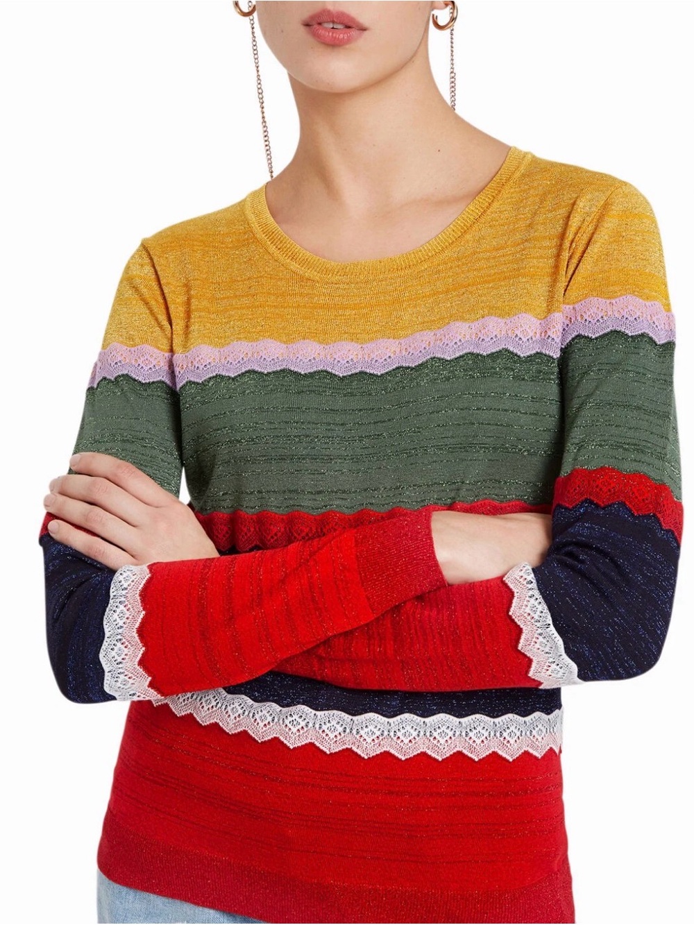 Desigual Multicolor Metallic Striped Knit Sweater • Lace Trim • Size M